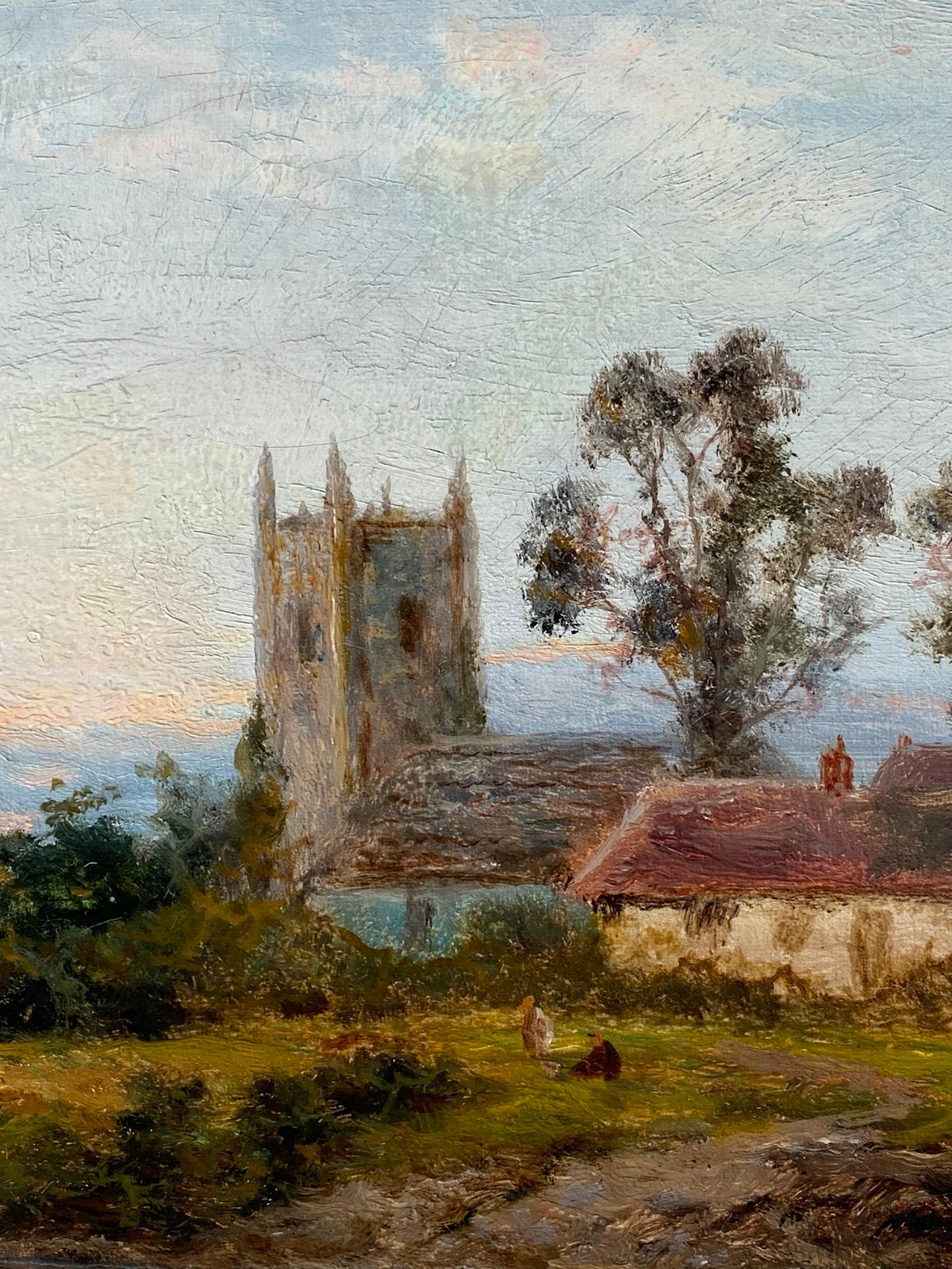 Antikes Ölgemälde auf Leinwand, englische Landschaft mit Fluss, Kirche, Haus am Sonnenaufgang (Viktorianisch), Painting, von Daniel Sherrin