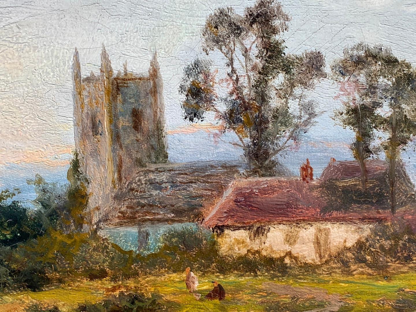 Antique oil on canvas, English landscape with River, Church, Cottage at Sunrise - Victorian Painting by Daniel Sherrin