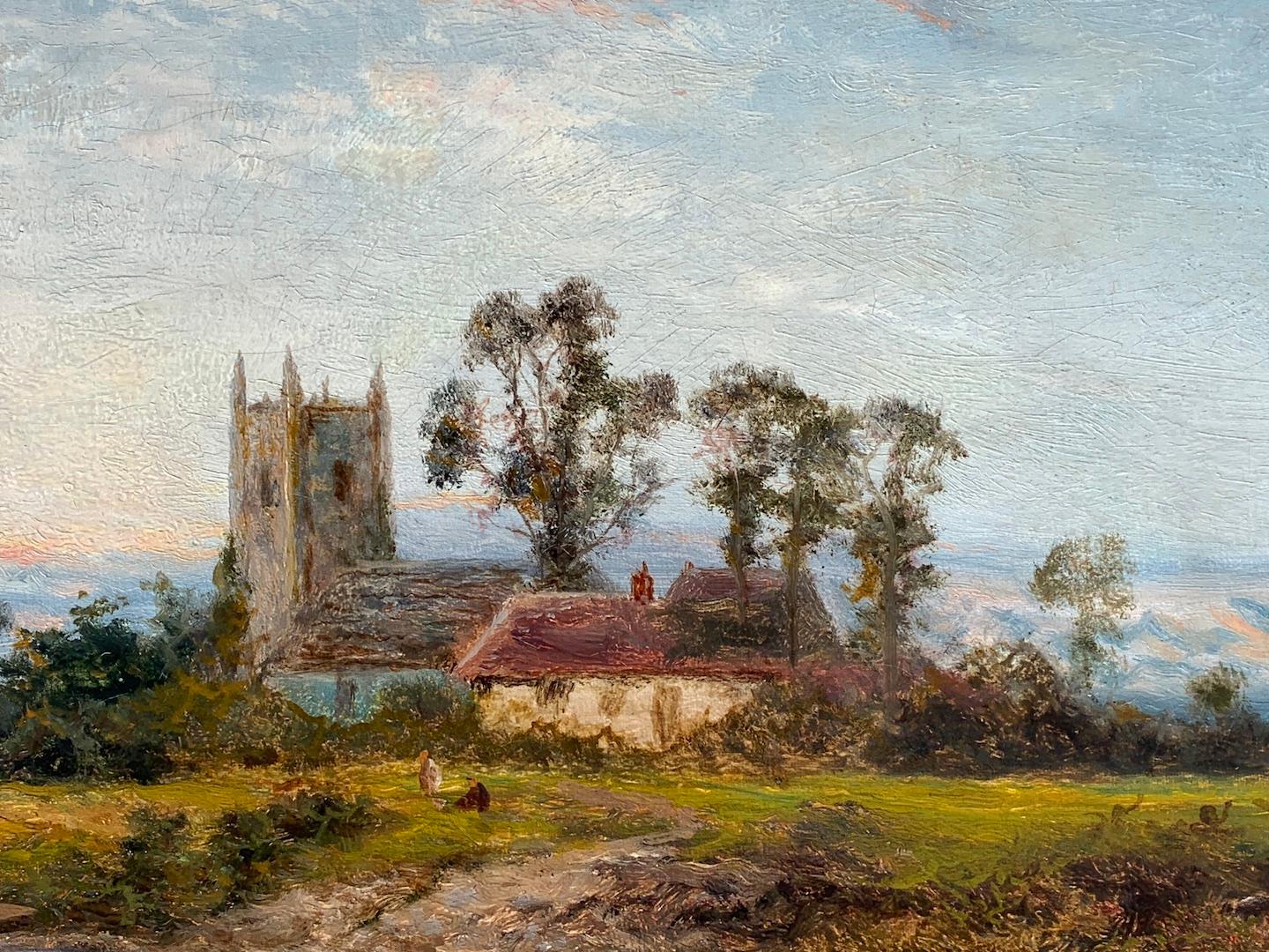 Antique oil on canvas, English landscape with River, Church, Cottage at Sunrise - Brown Figurative Painting by Daniel Sherrin