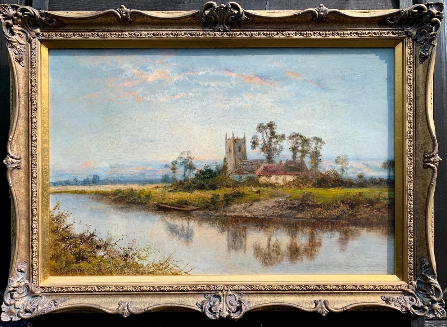 Ancienne huile sur toile, paysage anglais avec rivière, église, chalet au lever du soleil
