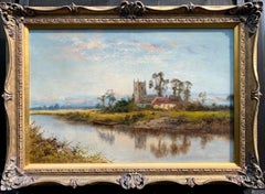 Antique oil on canvas, English landscape with River, Church, Cottage at Sunrise