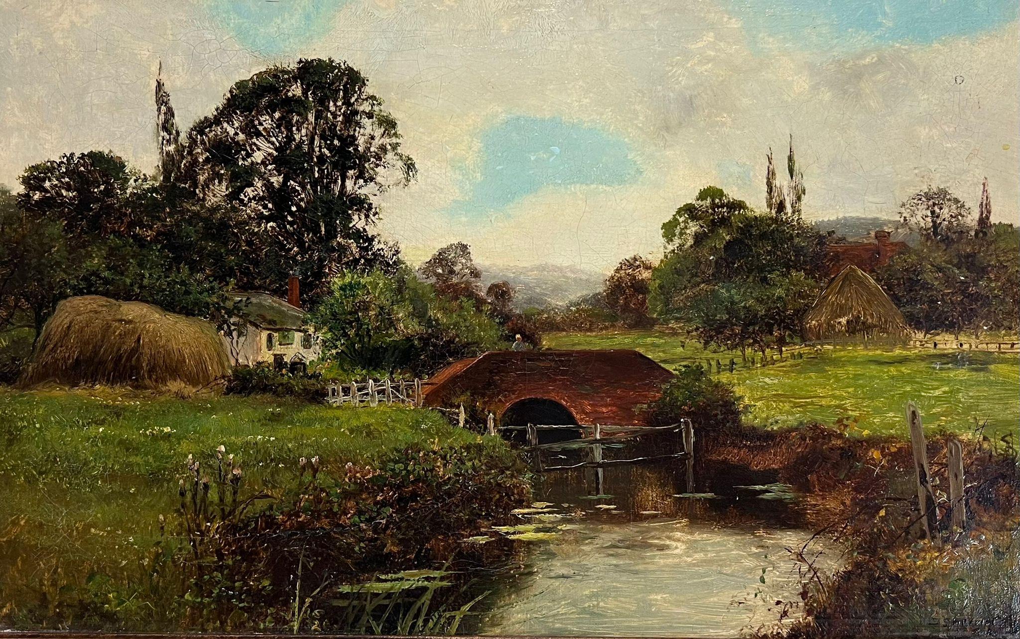 Antique Pastoral Landscape Signed English Oil Painting Old Bridge Rural Fields - Brown Landscape Painting by Daniel Sherrin
