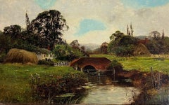 Antique Pastoral Landscape Signed English Oil Painting Old Bridge Rural Fields