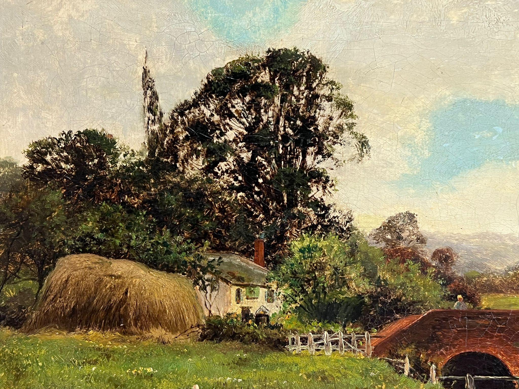 Antique Pastoral Landscape Signed English Oil Painting Old Bridge Rural Fields 1