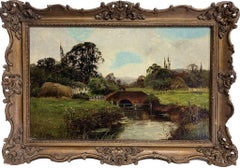 Antique Pastoral Landscape Signed English Oil Painting Old Bridge Rural Fields