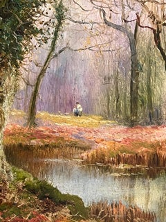 Burnham Woods Antico dipinto a olio inglese Figure nella radura di Wood d'autunno