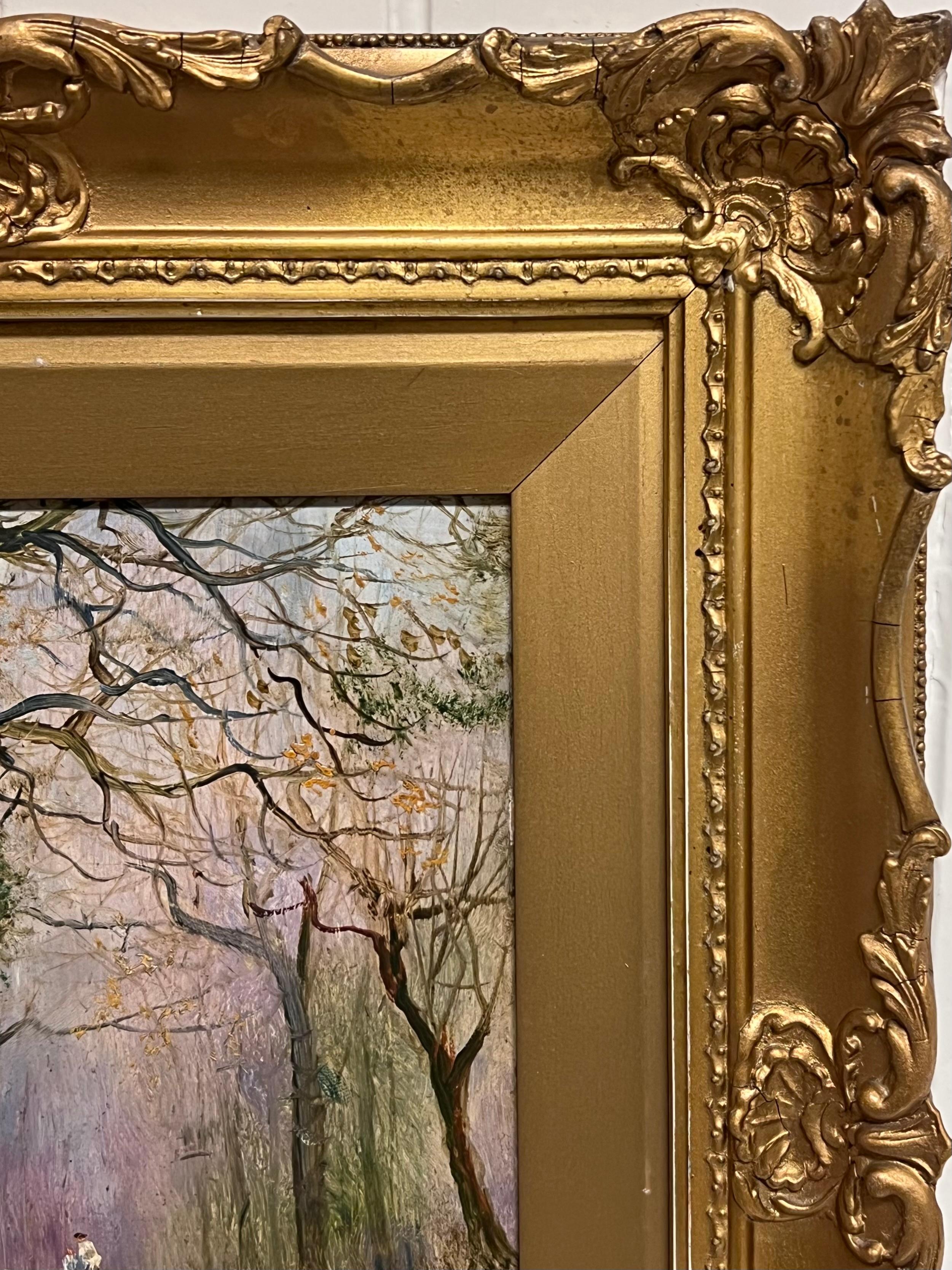 Burnham Wood Peinture à l'huile anglaise ancienne Figures dans une clairière en automne - Victorien Painting par Daniel Sherrin