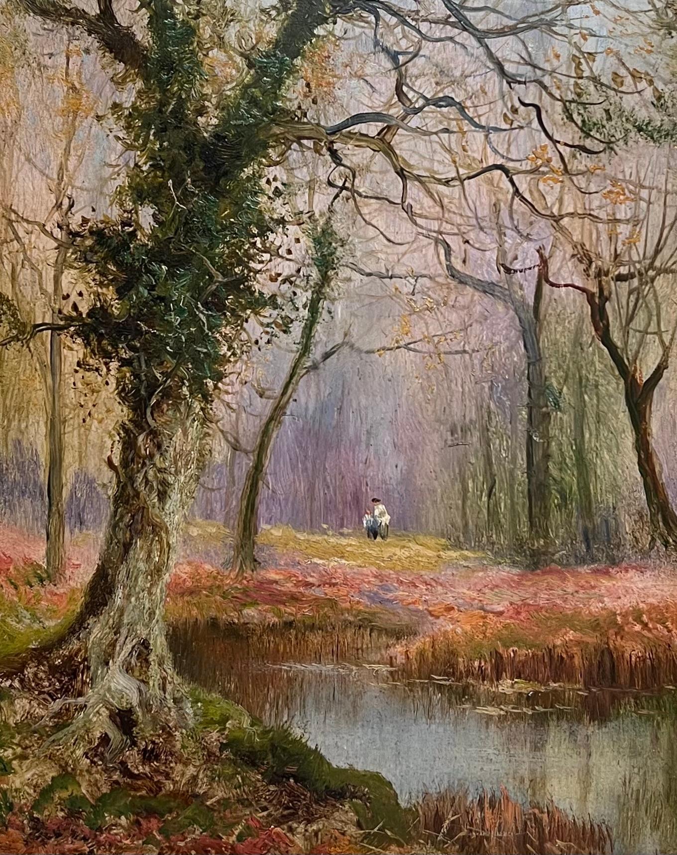 Burnham Wood Peinture à l'huile anglaise ancienne Figures dans une clairière en automne - Marron Landscape Painting par Daniel Sherrin