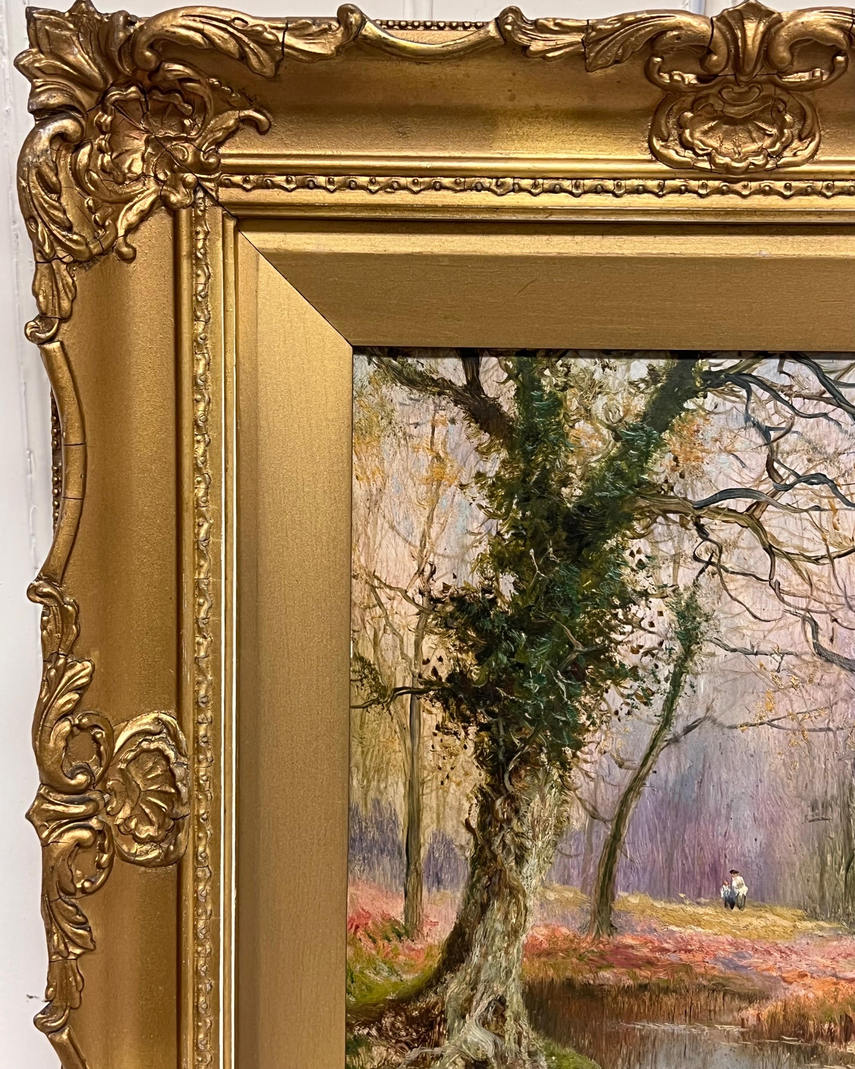 Dans les bois de Burnham
par Daniel Sherrin (britannique, fin du 19e siècle)
titré au cadre
huile sur carton, encadrée
inscrit au verso
encadré : 16 x 14 pouces
tableau : 10 x 8 pouces
Provenance : collection privée, Royaume-Uni.
Condit : le cadre a