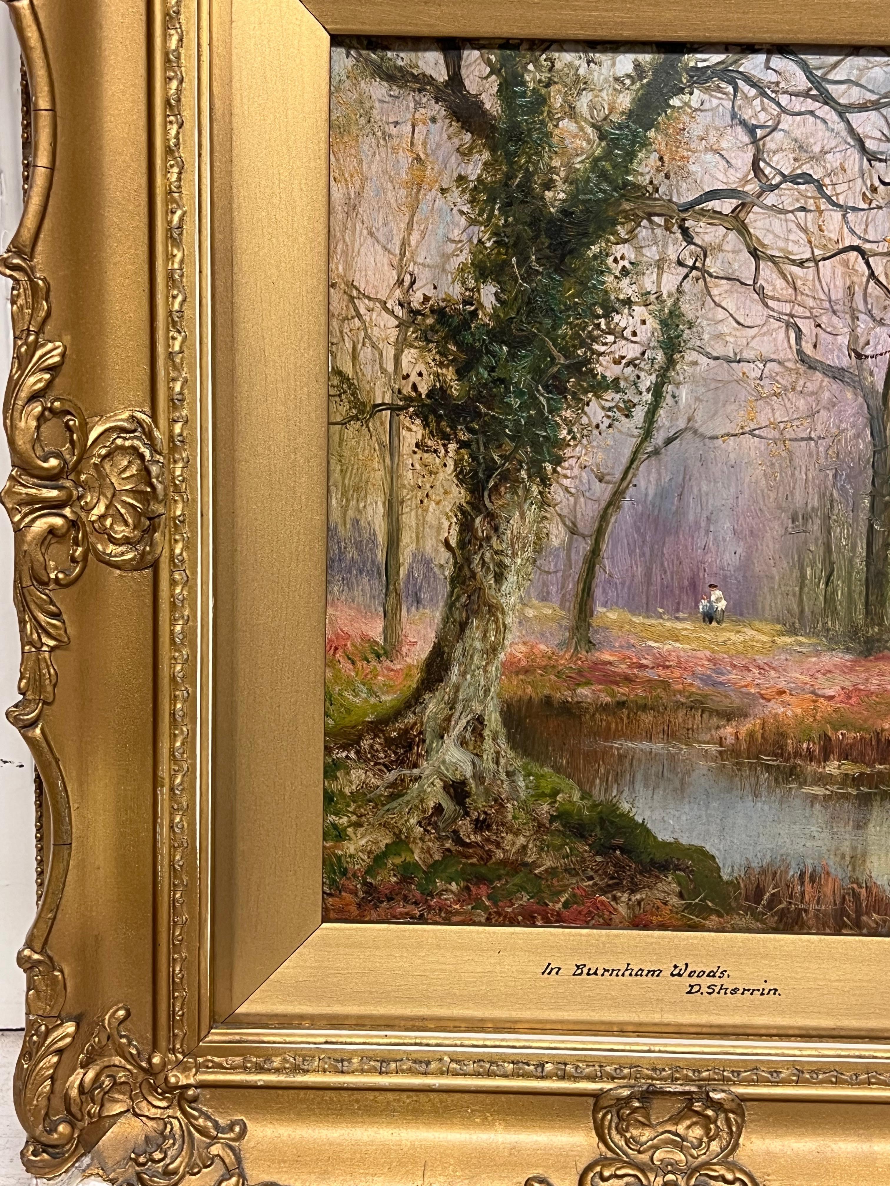 Burnham Wood Peinture à l'huile anglaise ancienne Figures dans une clairière en automne en vente 1