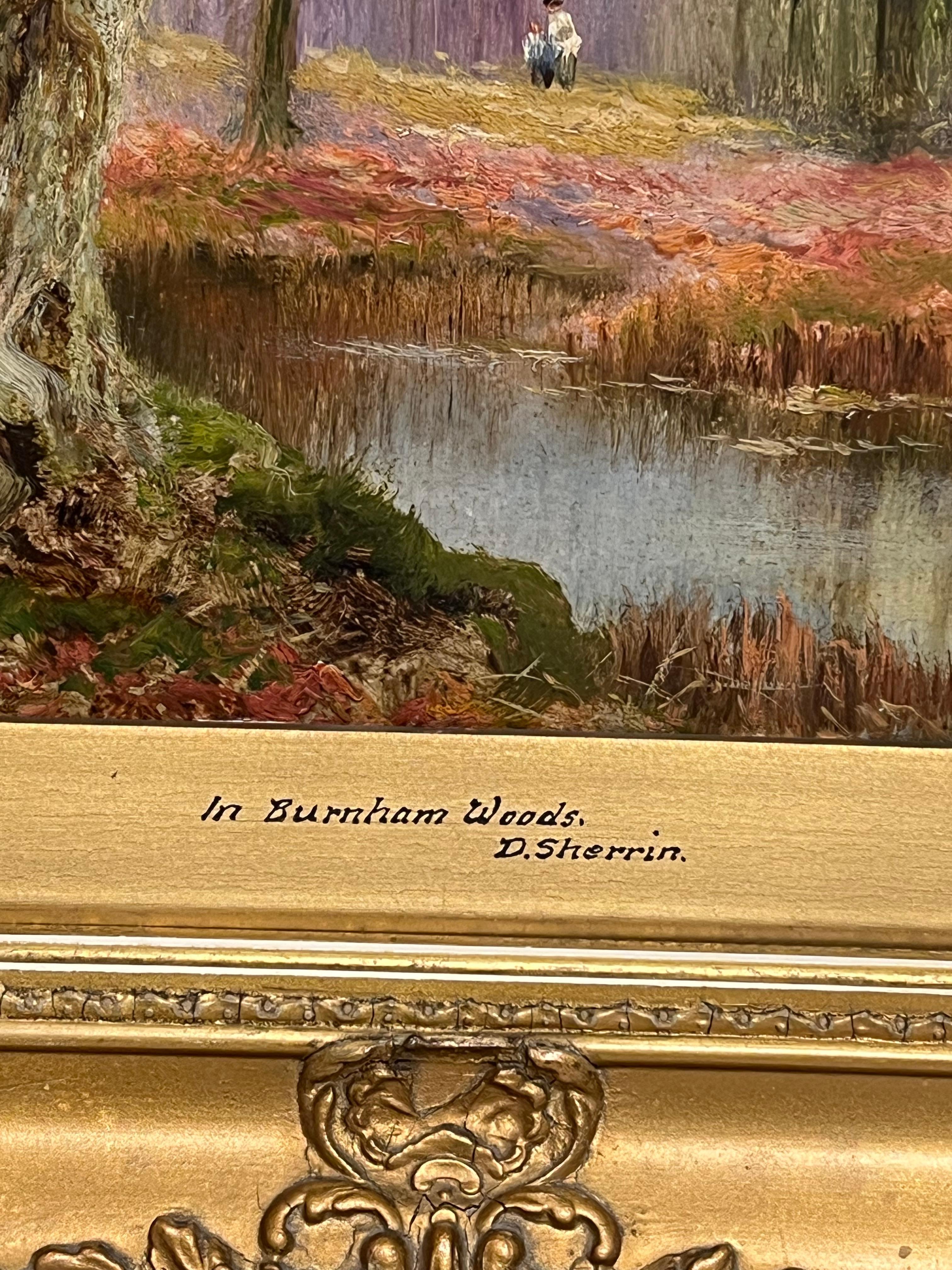 Burnham Wood Peinture à l'huile anglaise ancienne Figures dans une clairière en automne en vente 2