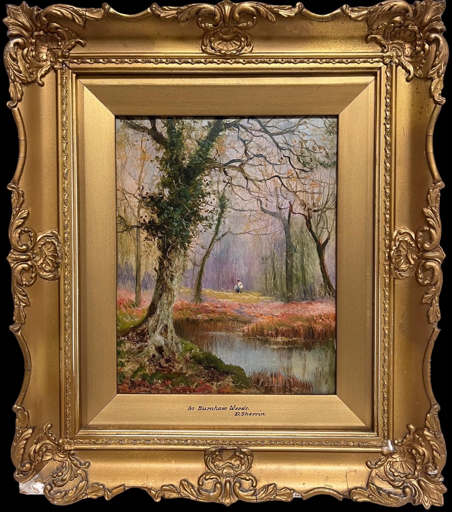 Landscape Painting Daniel Sherrin - Burnham Wood Peinture à l
huile anglaise ancienne Figures dans une clairière en automne