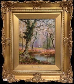 Burnham Woods Antico dipinto a olio inglese Figure nella radura di Wood d'autunno