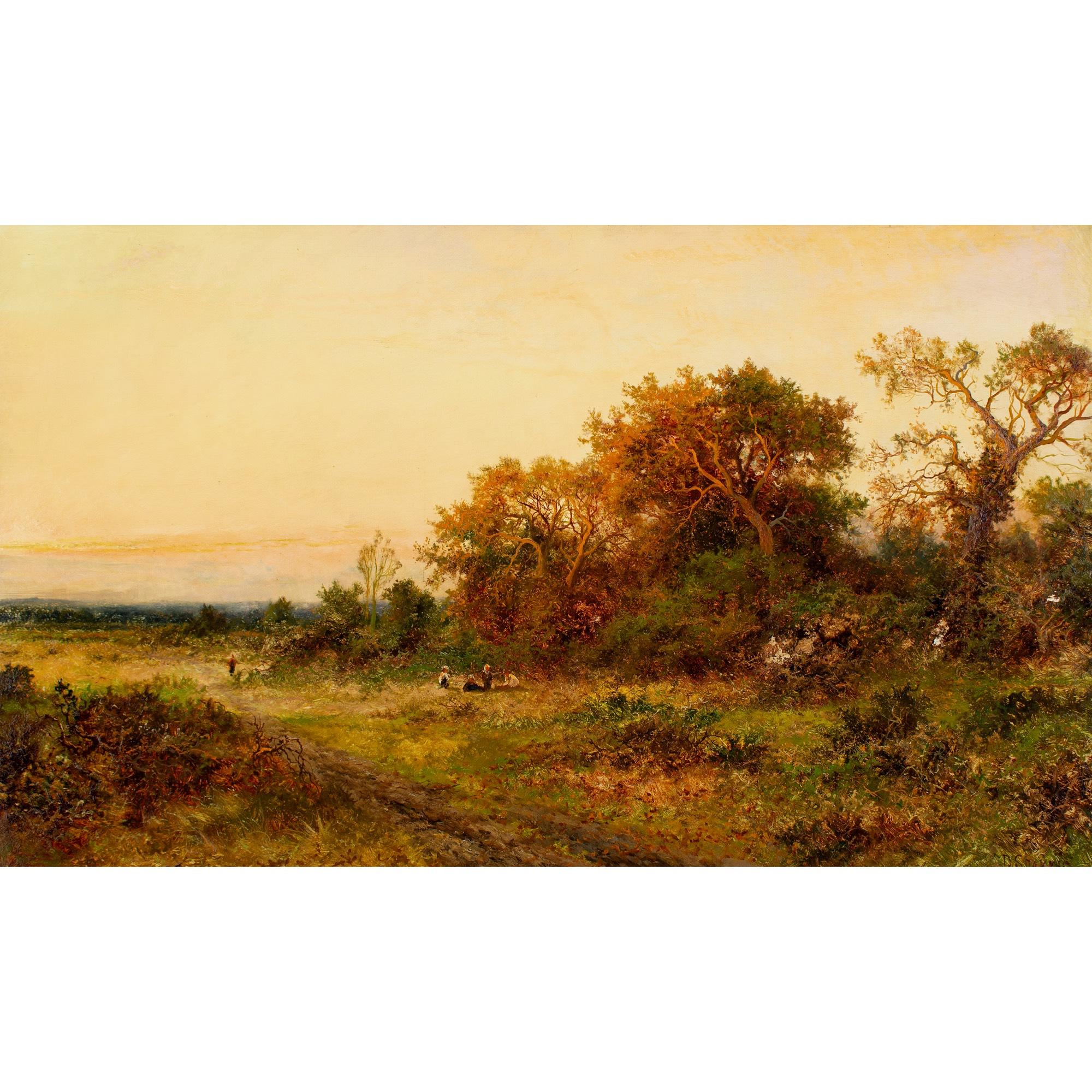This early 20th-century autumnal oil painting by British artist Daniel Sherrin (1869-1940) depicts a rugged heath landscape under the glow of a setting sun.

Sherrin was an accomplished painter of landscapes and maritime subjects. He spent the