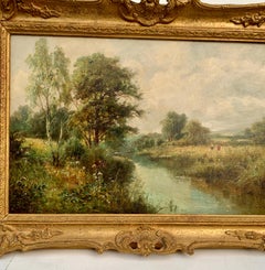 English River Landscape, 19th century, with wild flowers, figures by the river.