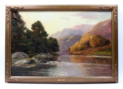 Peinture à l'huile anglaise à l'huile - Paysage - Cadre original - Composition de couleurs étonnante 1900