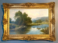 Figures Beside a River, Impressionist oil on canvas in original gilt frame