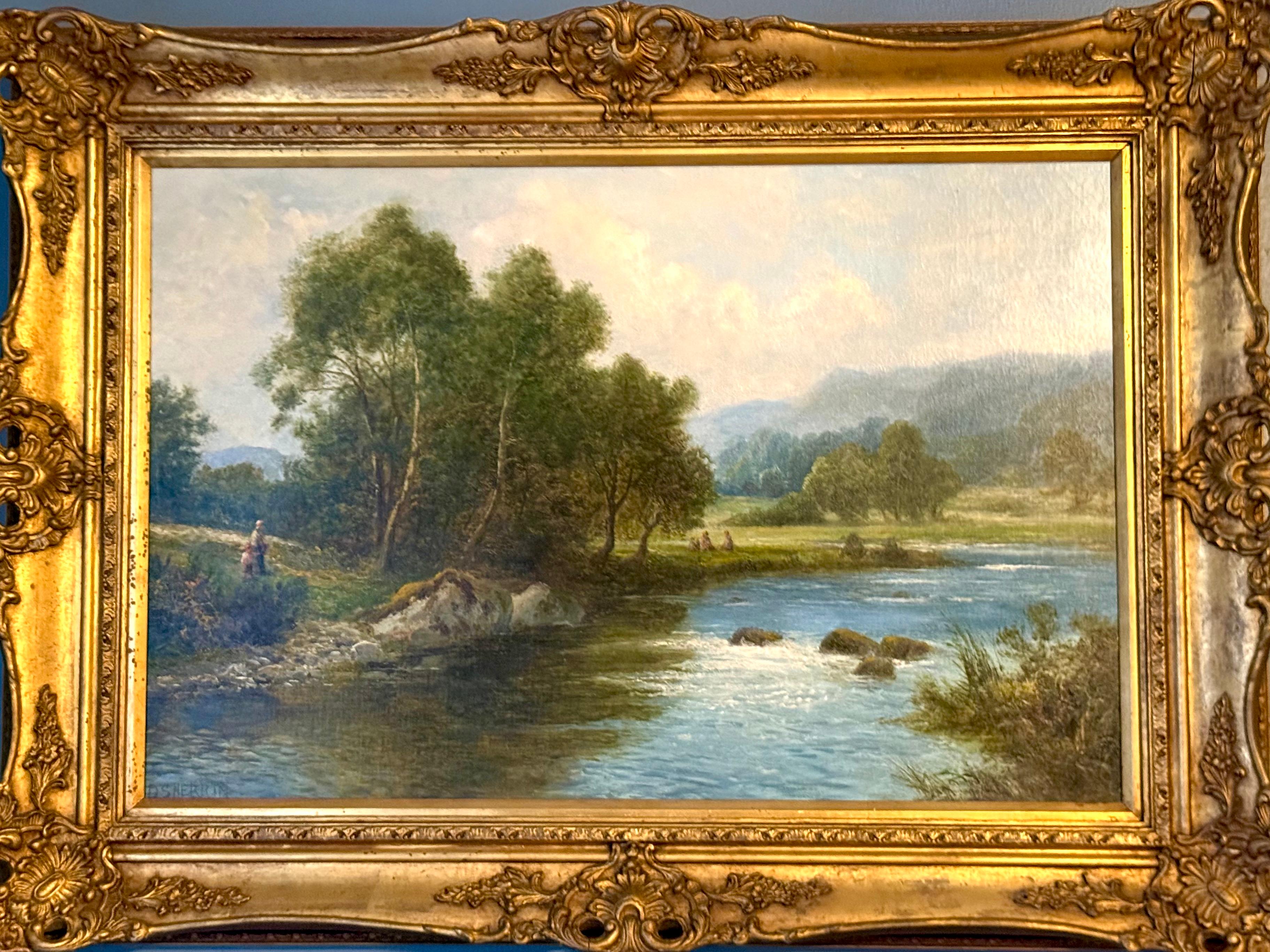 Daniel Sherrin Landscape Painting - Figures Beside a River signed Impressionist oil on canvas in original gilt frame
