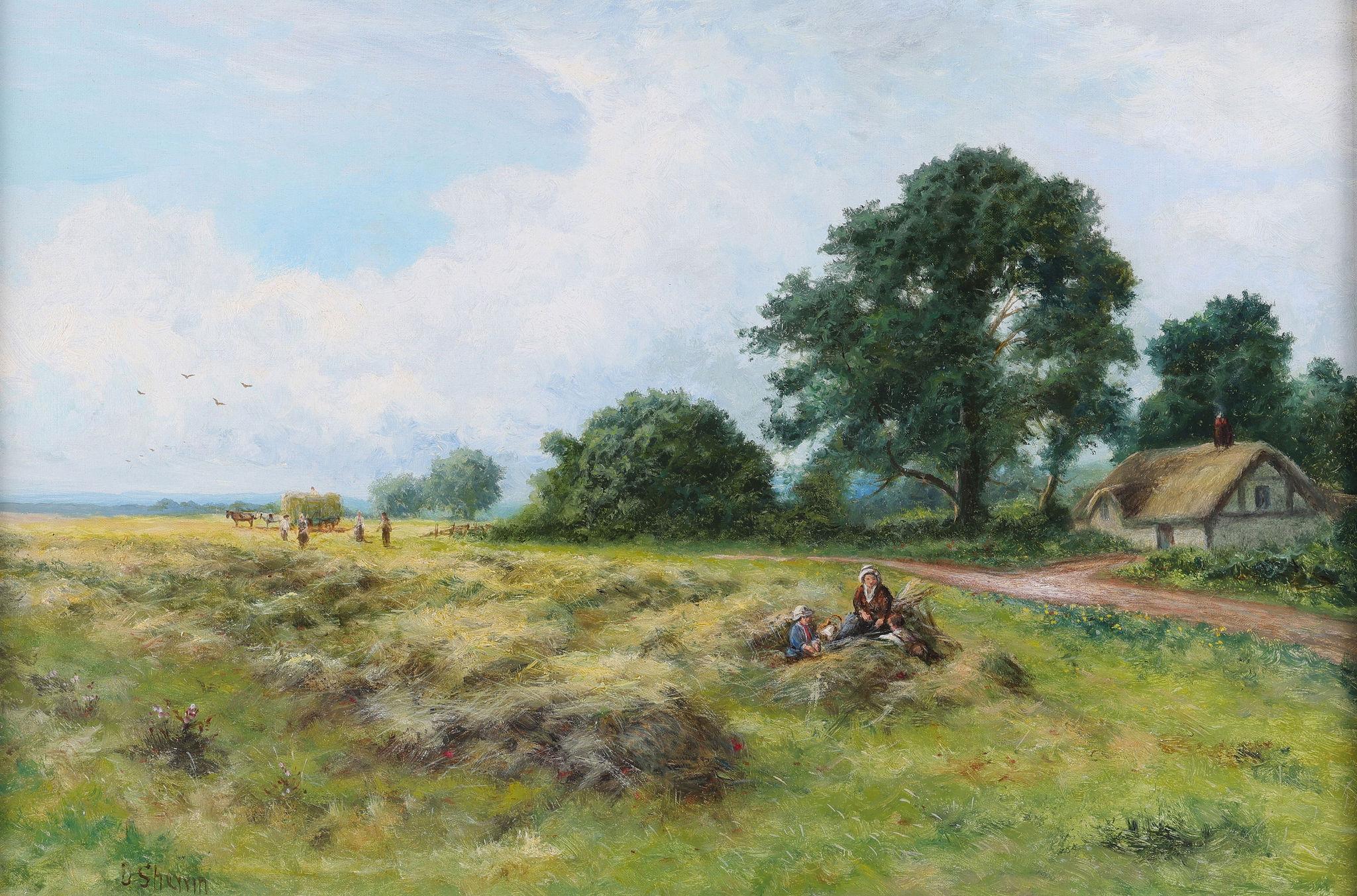 Raccolta nel Surrey'. Un dipinto a olio antico incorniciato - Painting di Daniel Sherrin
