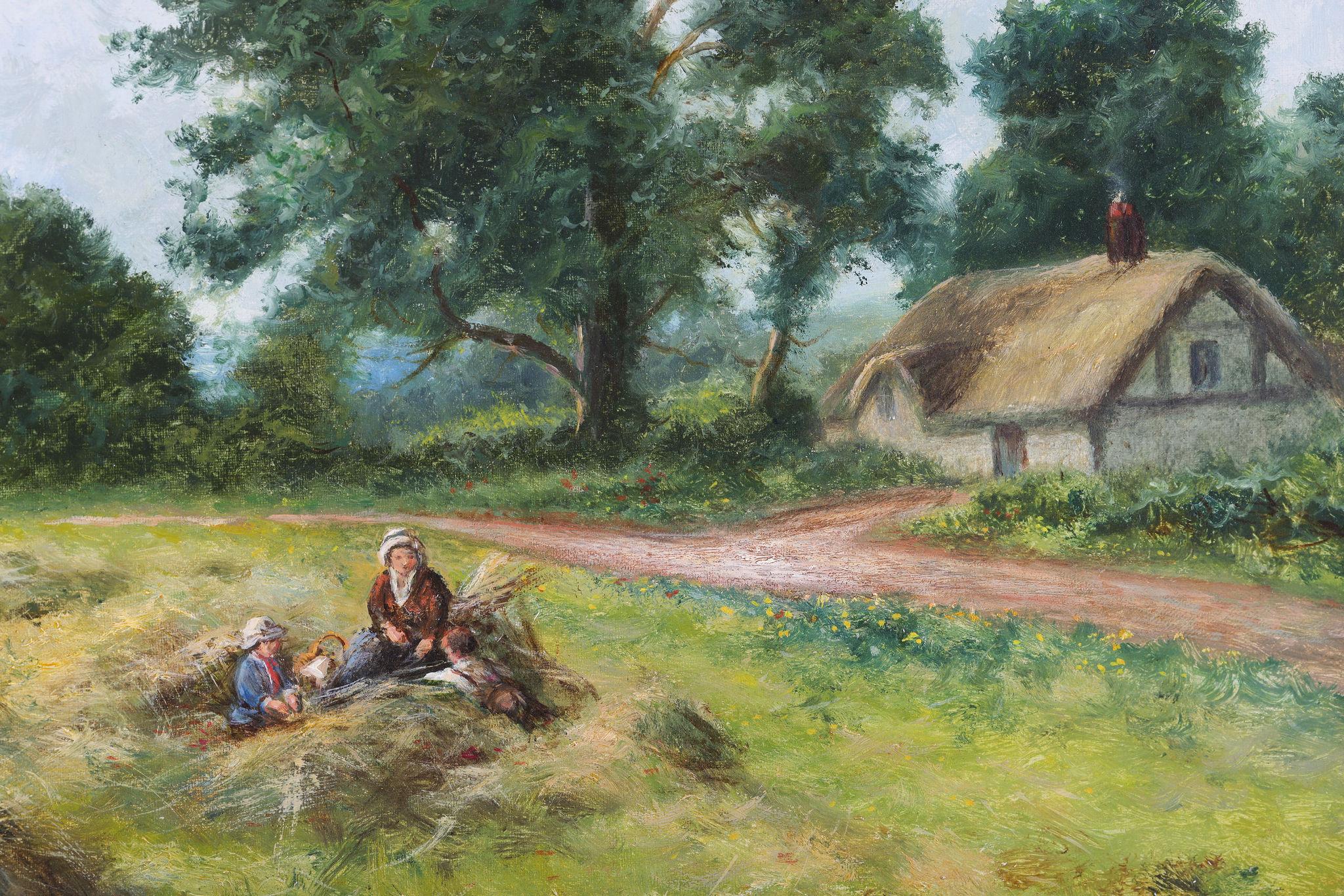 Raccolta nel Surrey'. Un dipinto a olio antico incorniciato - Landscape Painting Marrone di Daniel Sherrin