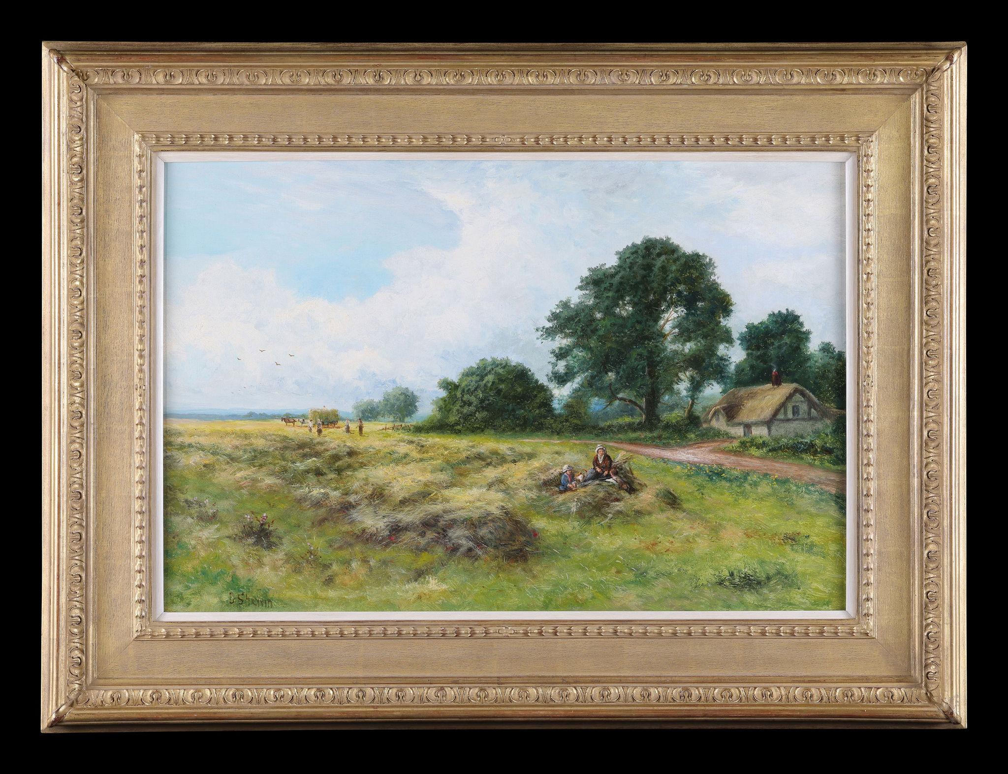 Landscape Painting di Daniel Sherrin - Raccolta nel Surrey'. Un dipinto a olio antico incorniciato