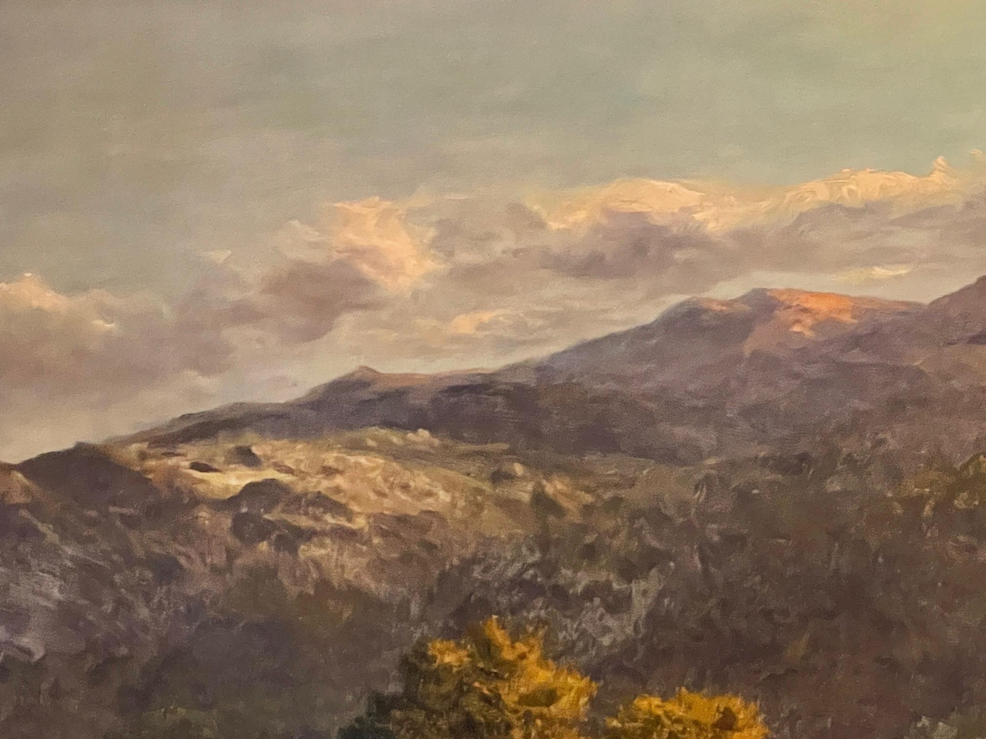  Paysage au coucher du soleil - Marron Landscape Painting par Daniel Sherrin