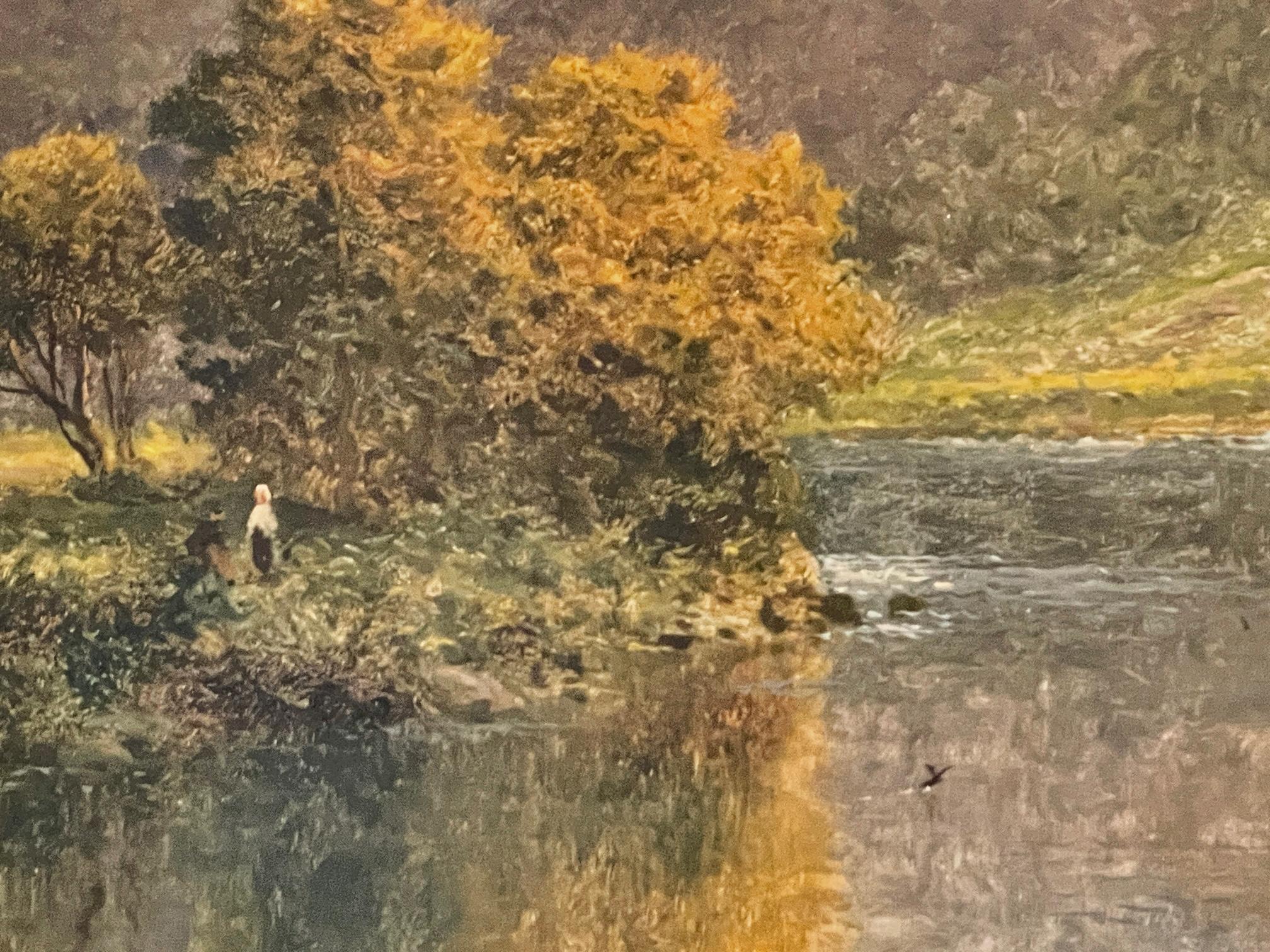 19ème siècle Paysage de lac et de montagnes avec des personnages, cette grande peinture à l'huile vintage sur toile est l'œuvre de l'artiste britannique Daniel Sherrin. Signé D. Sherrin en bas à gauche. Les œuvres de Sherrin figurent dans les