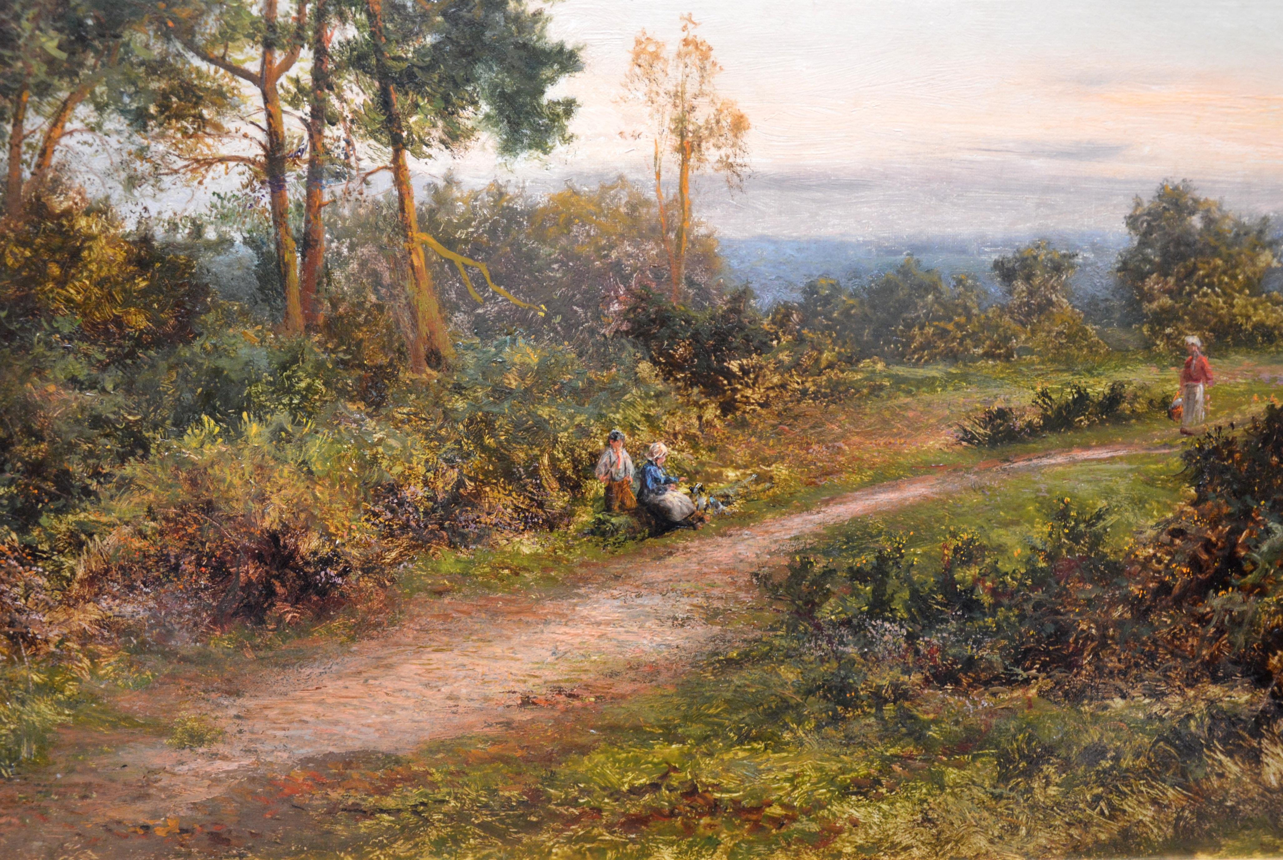 ‘King’s Wood, Kent’ by Daniel Sherrin (1868-1940). 

A large fine 19th century landscape oil on canvas depicting figures on a country lane at sunset near woodland in the English county of Kent. The painting is signed by the artist and hangs in a