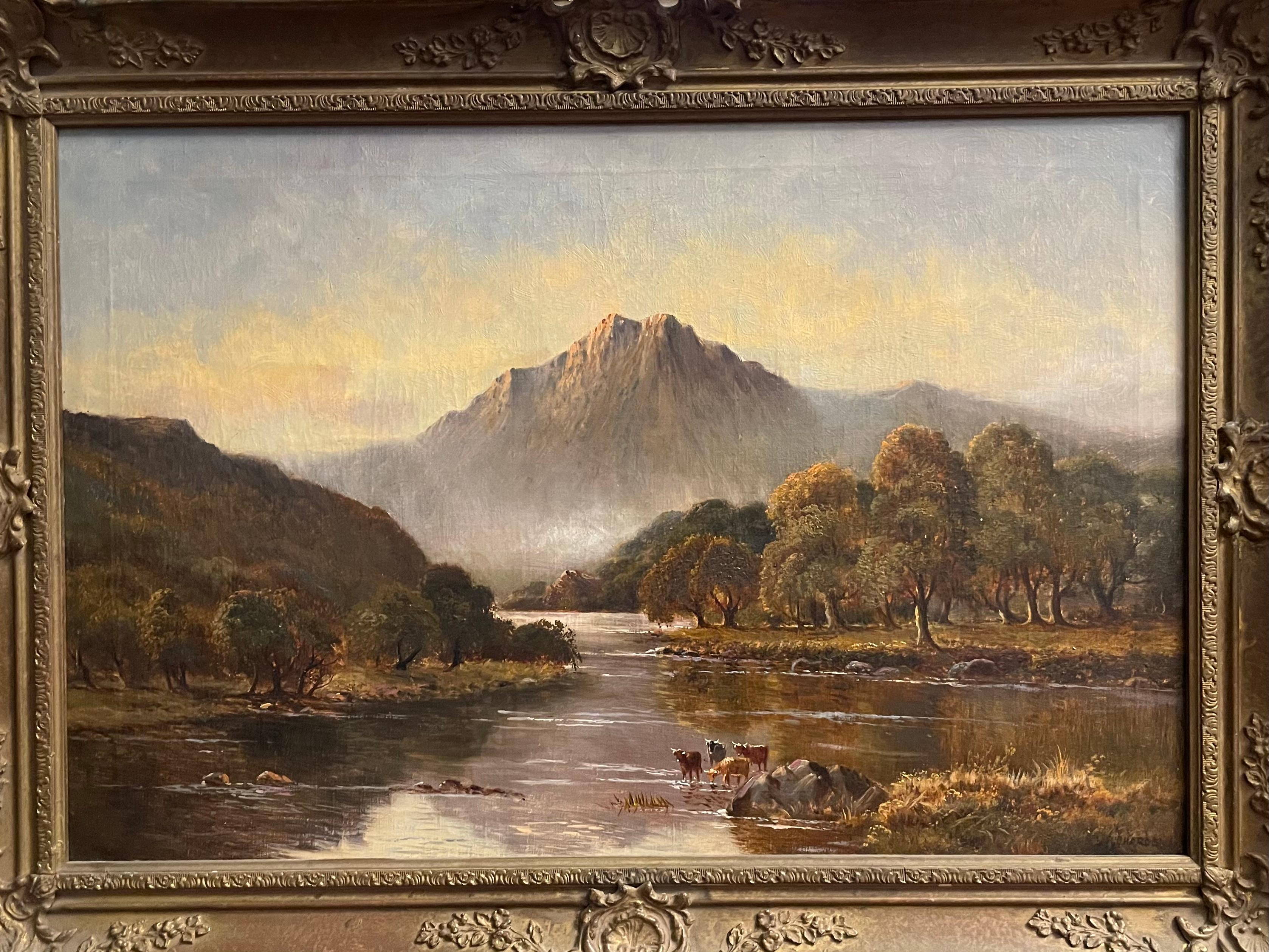 Mountain landscape with watering cattle - Painting by Daniel Sherrin
