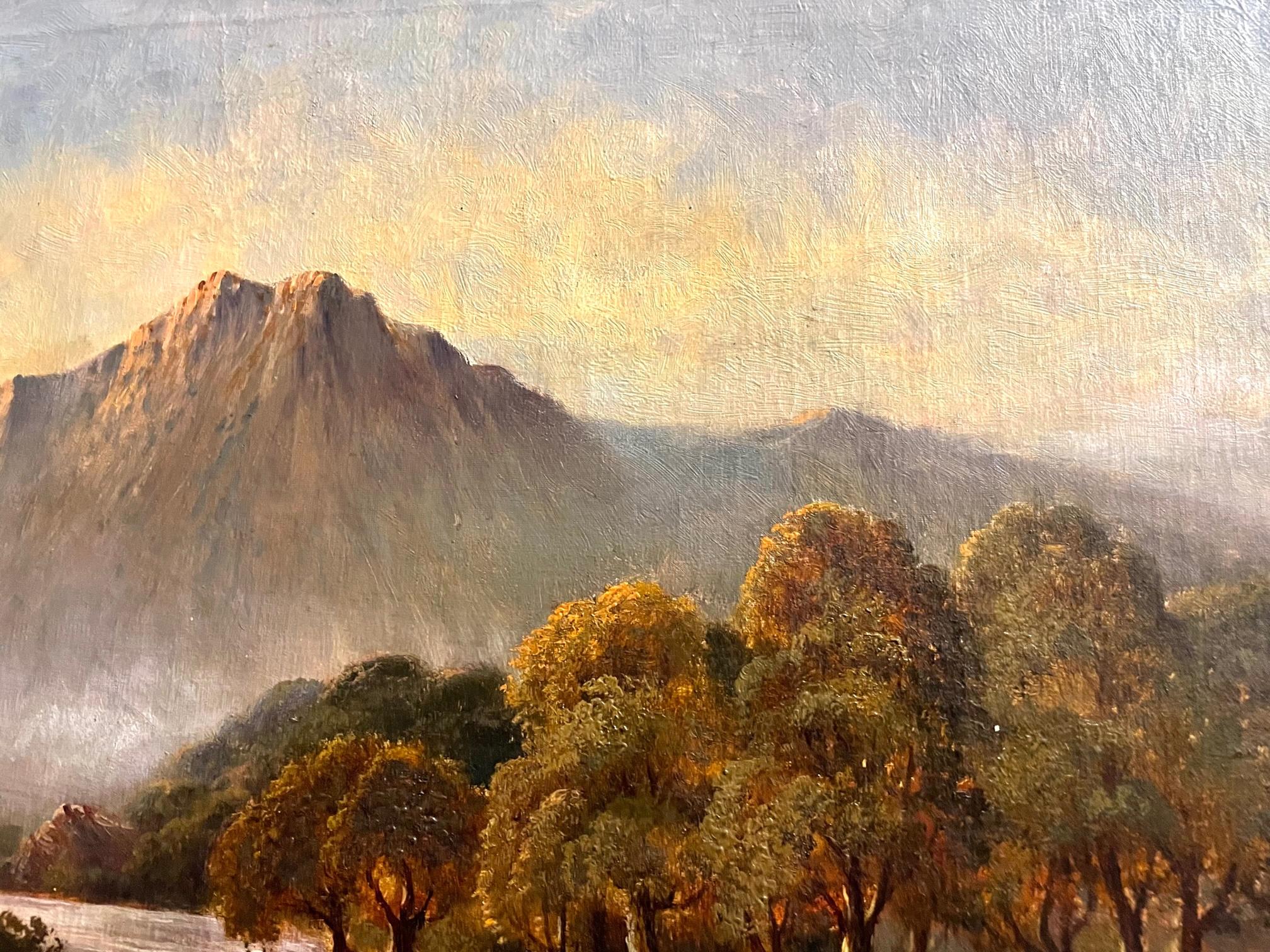Crisply detailed mountain landscape with watering cattle, this early 20th century oil painting is by renowned landscape artist Daniel Sherrin (1868-1940).  Sherrin's work is distinctive for his short brush strokes and trees reflected in water in an