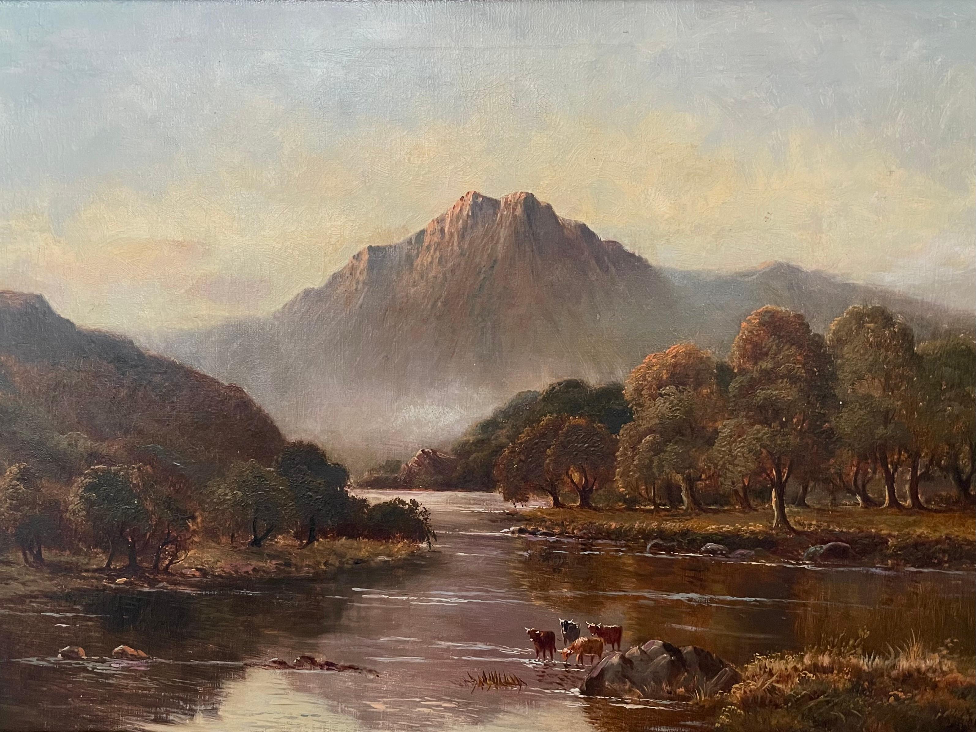 Daniel Sherrin Landscape Painting - Mountain landscape with watering cattle
