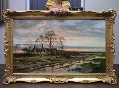 The Last Gleam, Kempsey Common - 19th Century Sunset Landscape Oil Painting