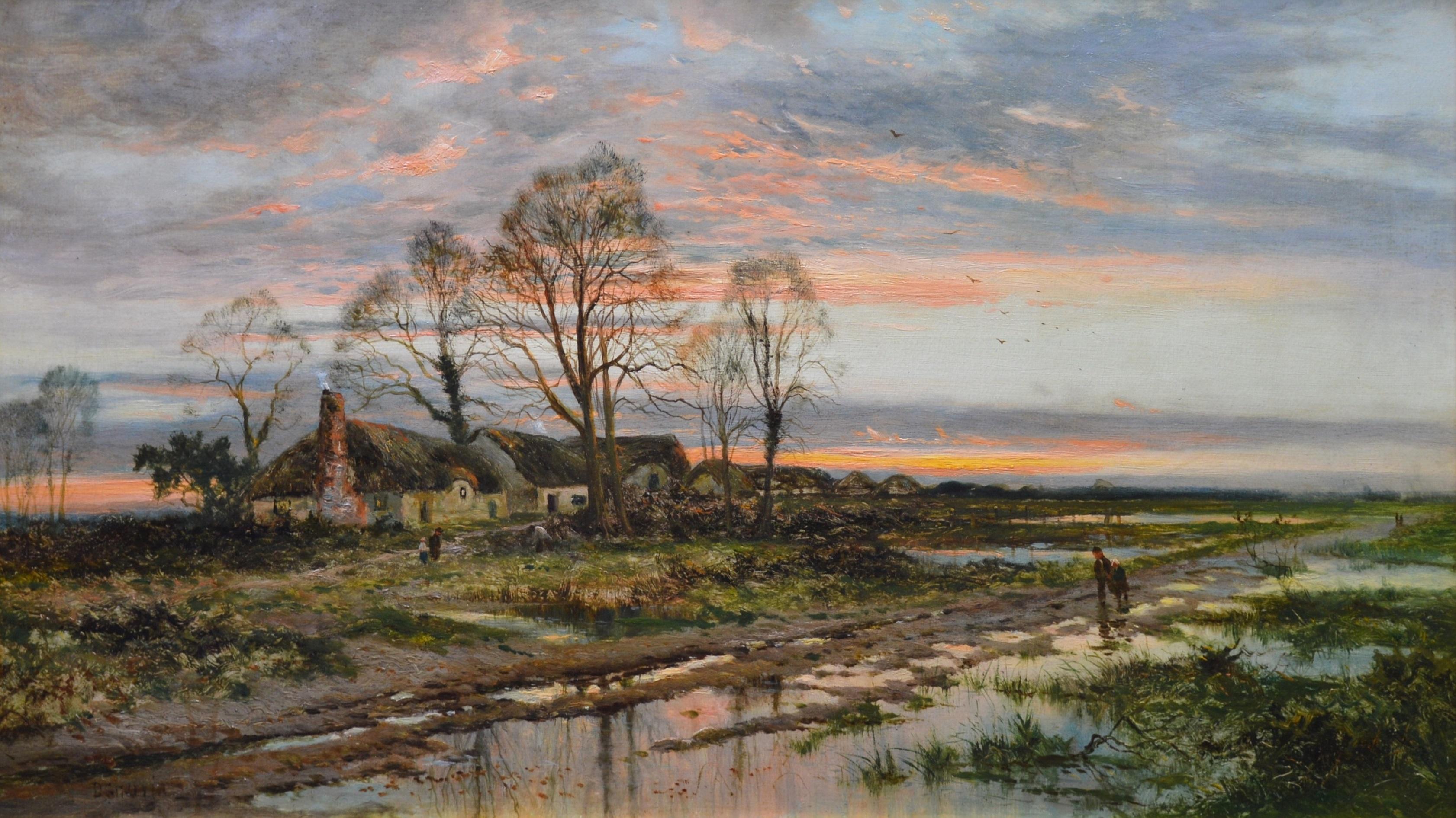 The Last Gleam, Kempsey Common - 19th Century Sunset Landscape Oil Painting - Brown Figurative Painting by Daniel Sherrin