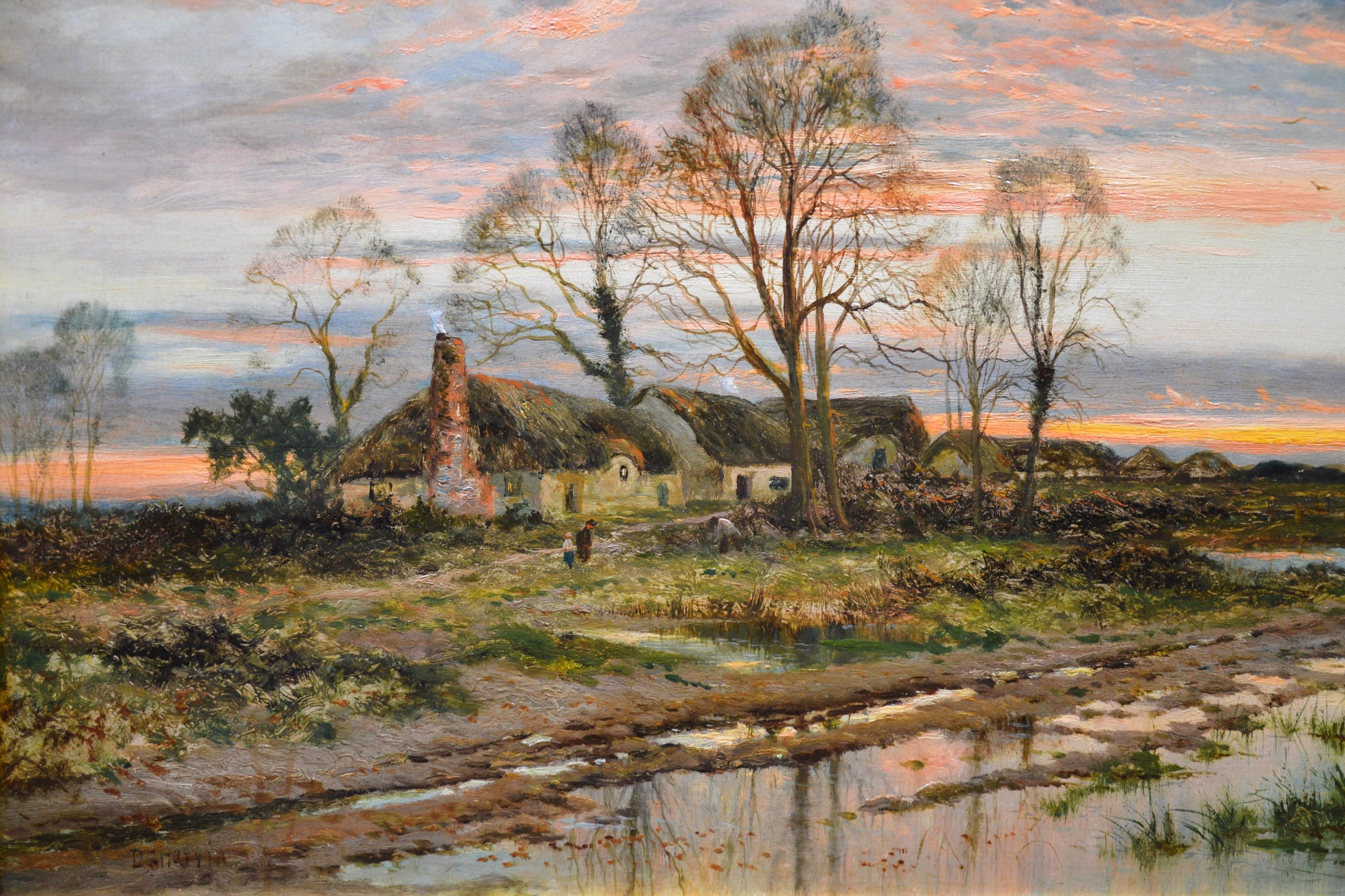 This is a large fine 19th century oil on canvas depicting ‘The Last Gleam’ of the setting sun on Kempsey Common, Worcestershire by the very popular Victorian landscape painter Daniel Sherrin (1868-1940). The painting is signed by the artist, and