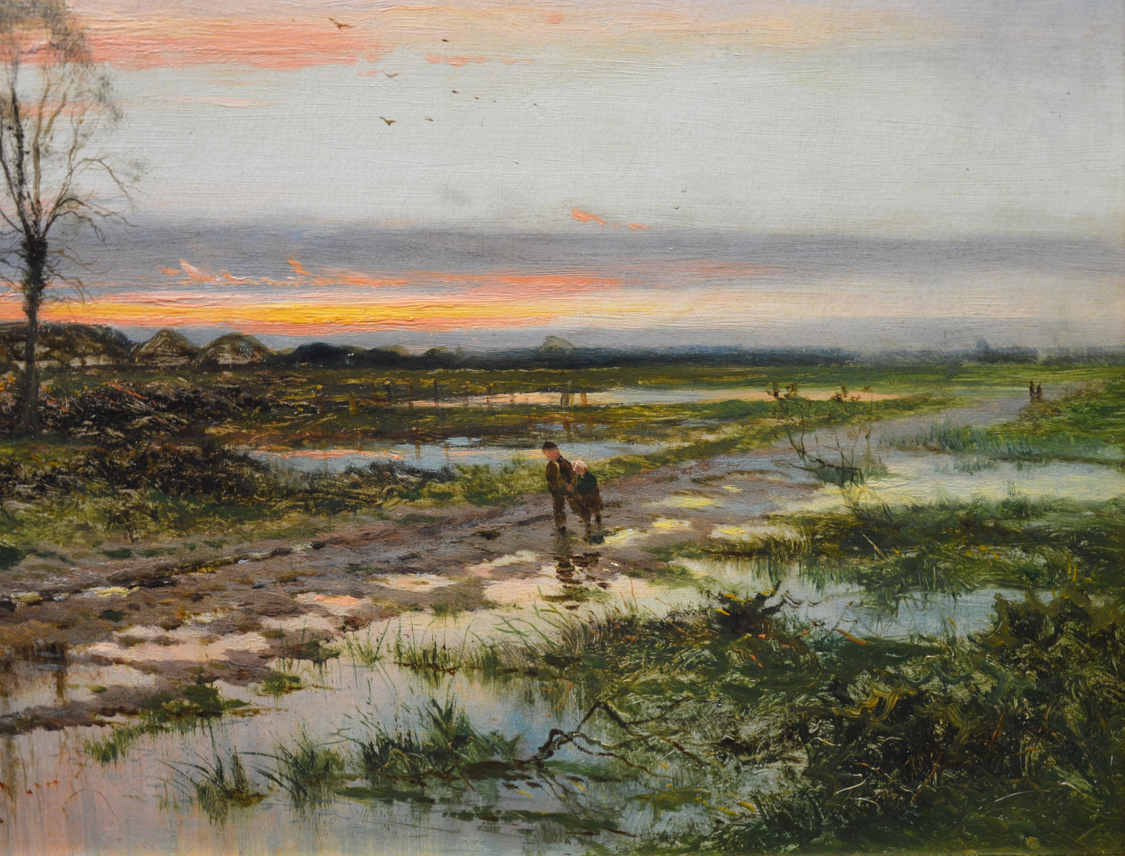 The Last Gleam, Kempsey Common - 19th Century Sunset Landscape Oil Painting 1