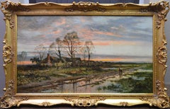 The Last Gleam, Kempsey Common - 19th Century Sunset Landscape Oil Painting