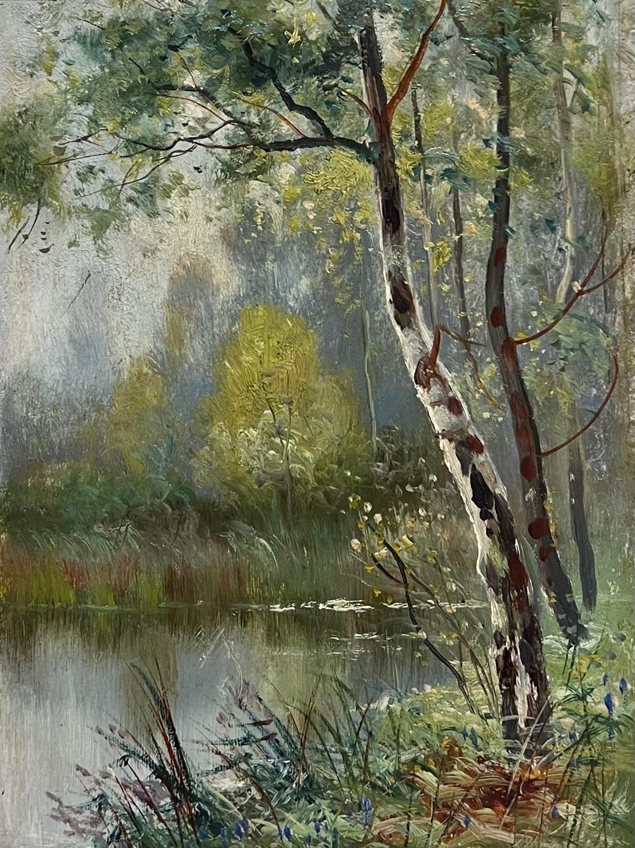 Viktorianische englische Ölgemälde Woodland Fluss Lichtung Landschaft in vergoldeten Rahmen – Painting von Daniel Sherrin