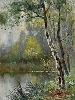 Pittura a olio inglese vittoriana Paesaggio di bosco fiume radura in cornice dorata