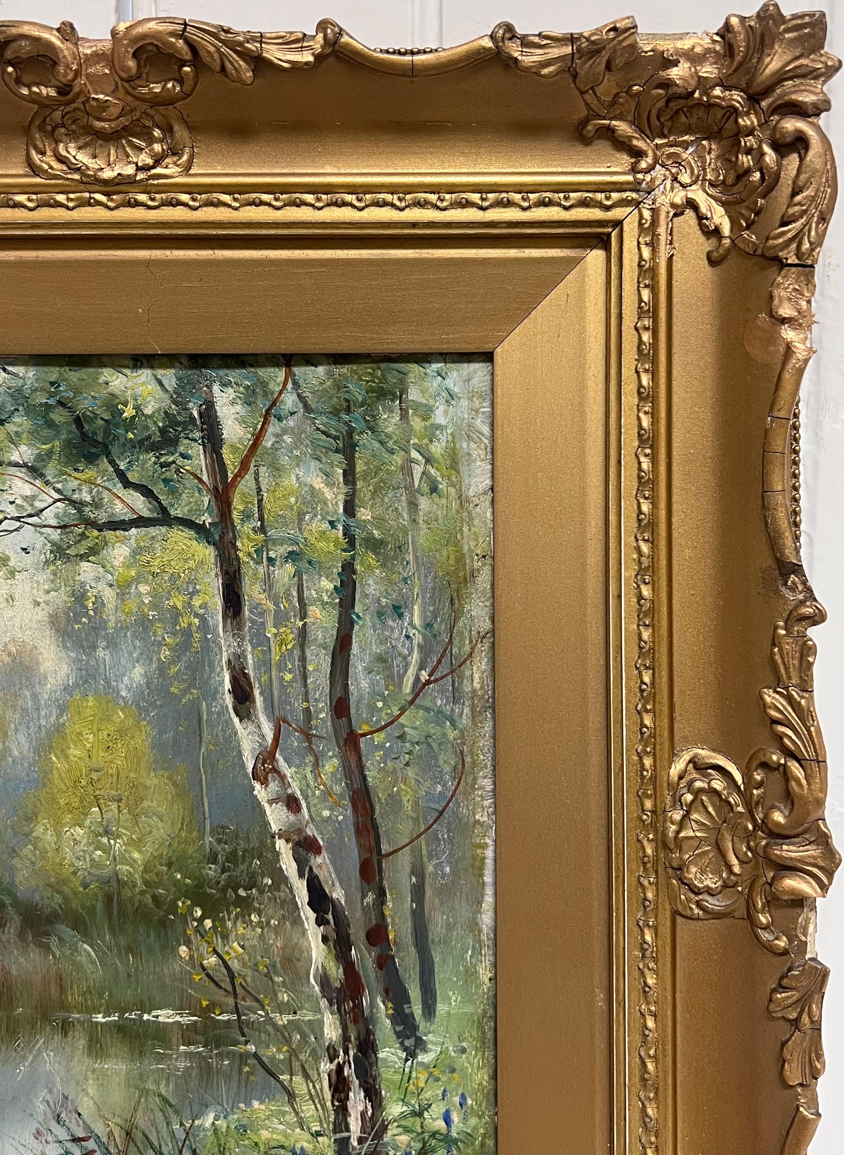 Viktorianische englische Ölgemälde Woodland Fluss Lichtung Landschaft in vergoldeten Rahmen (Braun), Landscape Painting, von Daniel Sherrin