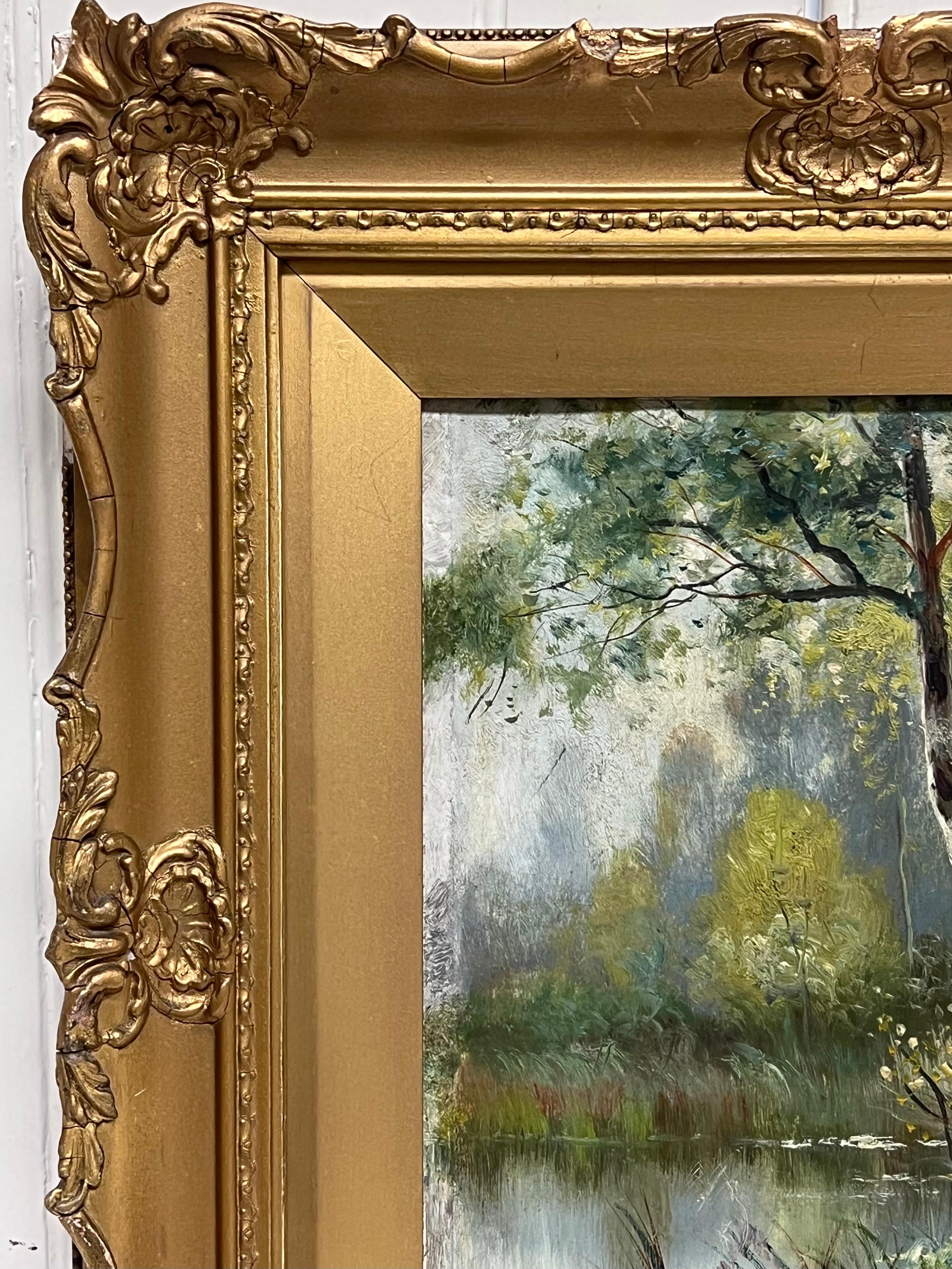 Viktorianische englische Ölgemälde Woodland Fluss Lichtung Landschaft in vergoldeten Rahmen im Angebot 3
