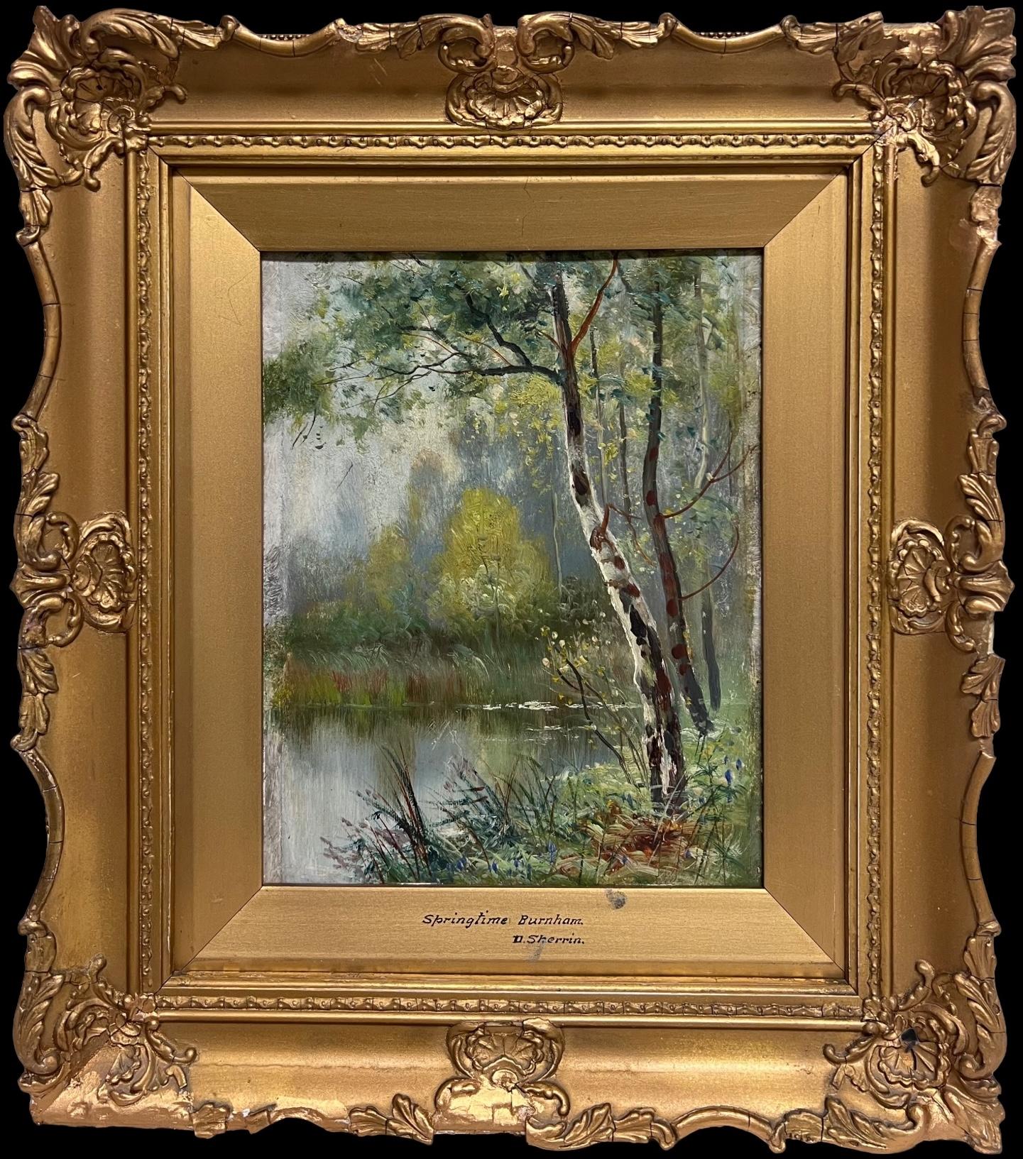Peinture à l
huile anglaise victorienne Paysage de forêt, rivière et clairière dans un cadre doré