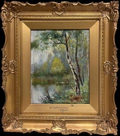 Pintura al óleo inglesa victoriana Paisaje boscoso de un claro de río en marco dorado
