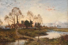 Victorian Oil Painting: The Village at Dusk, Framed 33x45