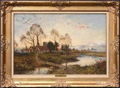 Victorian Oil Painting: The Village at Dusk, Framed 33x45