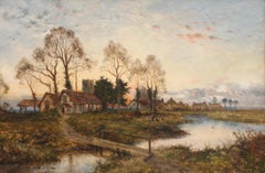 « Le village au crépuscule » — Peinture à l'huile sur toile représentant un paysage anglais, début du XXe siècle