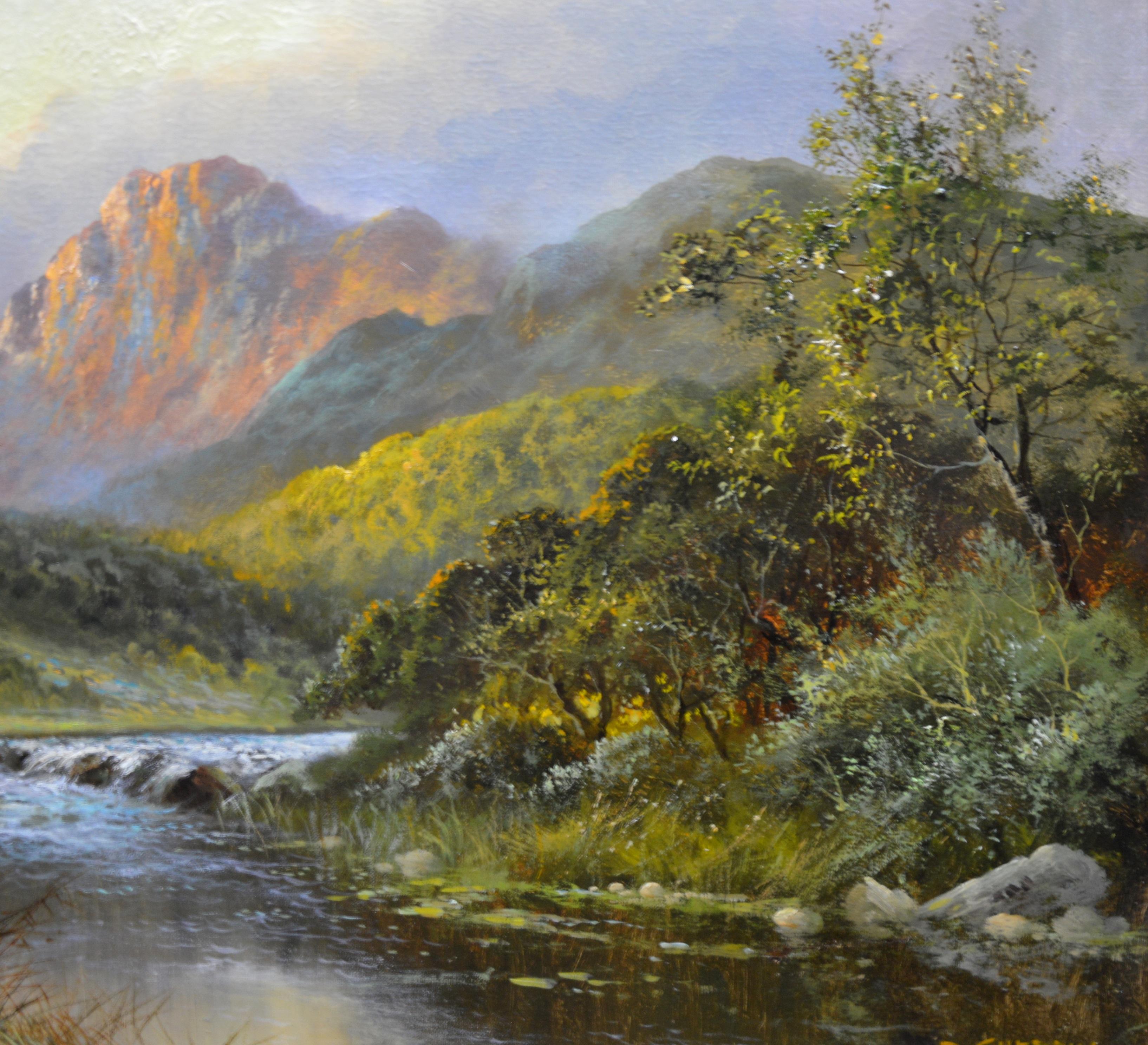 This is a large fine late 19th century oil on canvas depicting a shallow river falls before a mountainous landscape at sunset in ‘Wester Ross, Scotland’ by the very popular listed artist Daniel Sherrin (1868-1940). The painting is signed by the