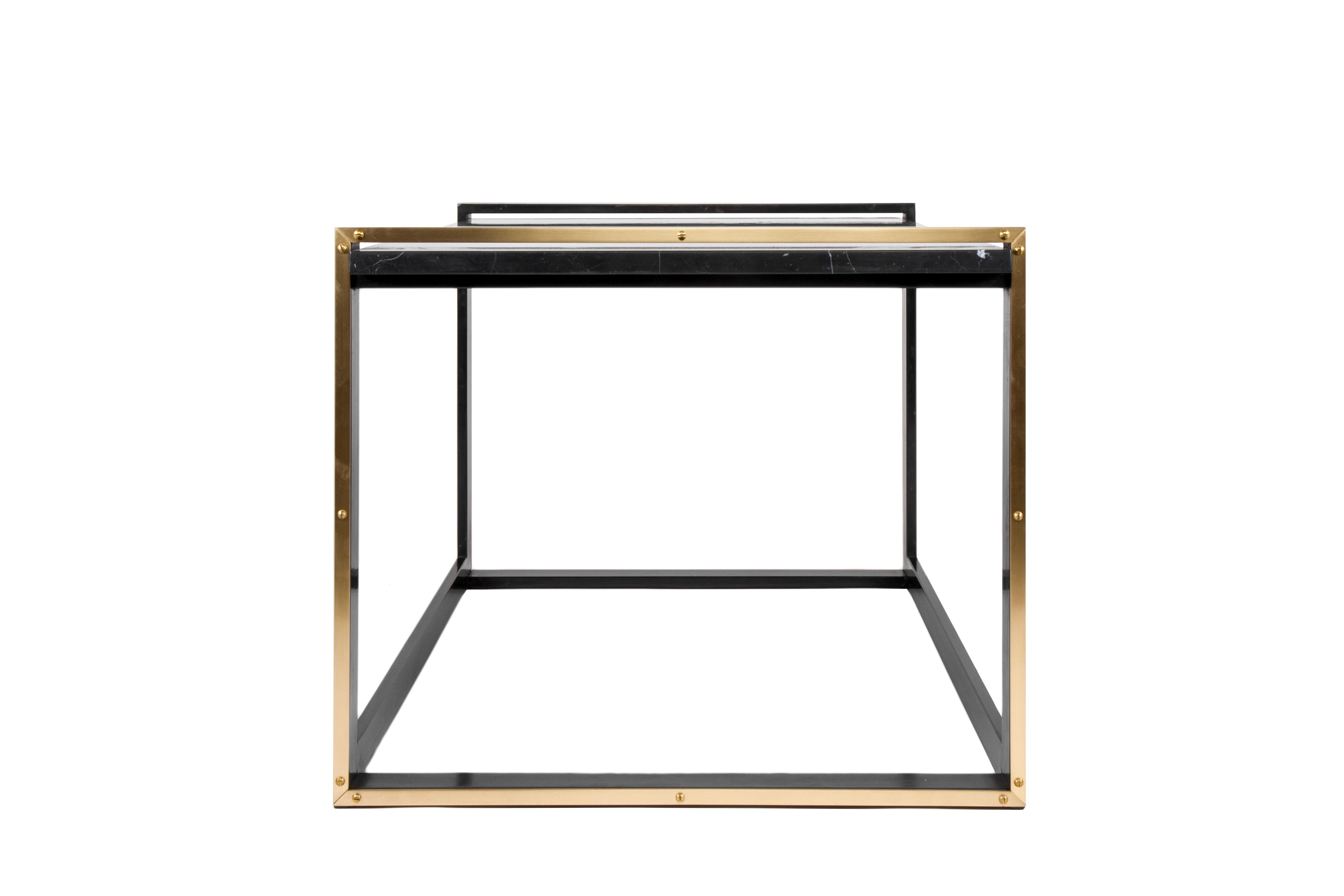 American Daniel Side Table in Blackened Steel, Nero Marquina Marble and Brass Accents For Sale