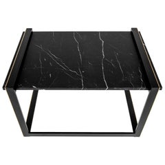 Daniel Side Table in Blackened Steel, Nero Marquina Marble and Brass Accents