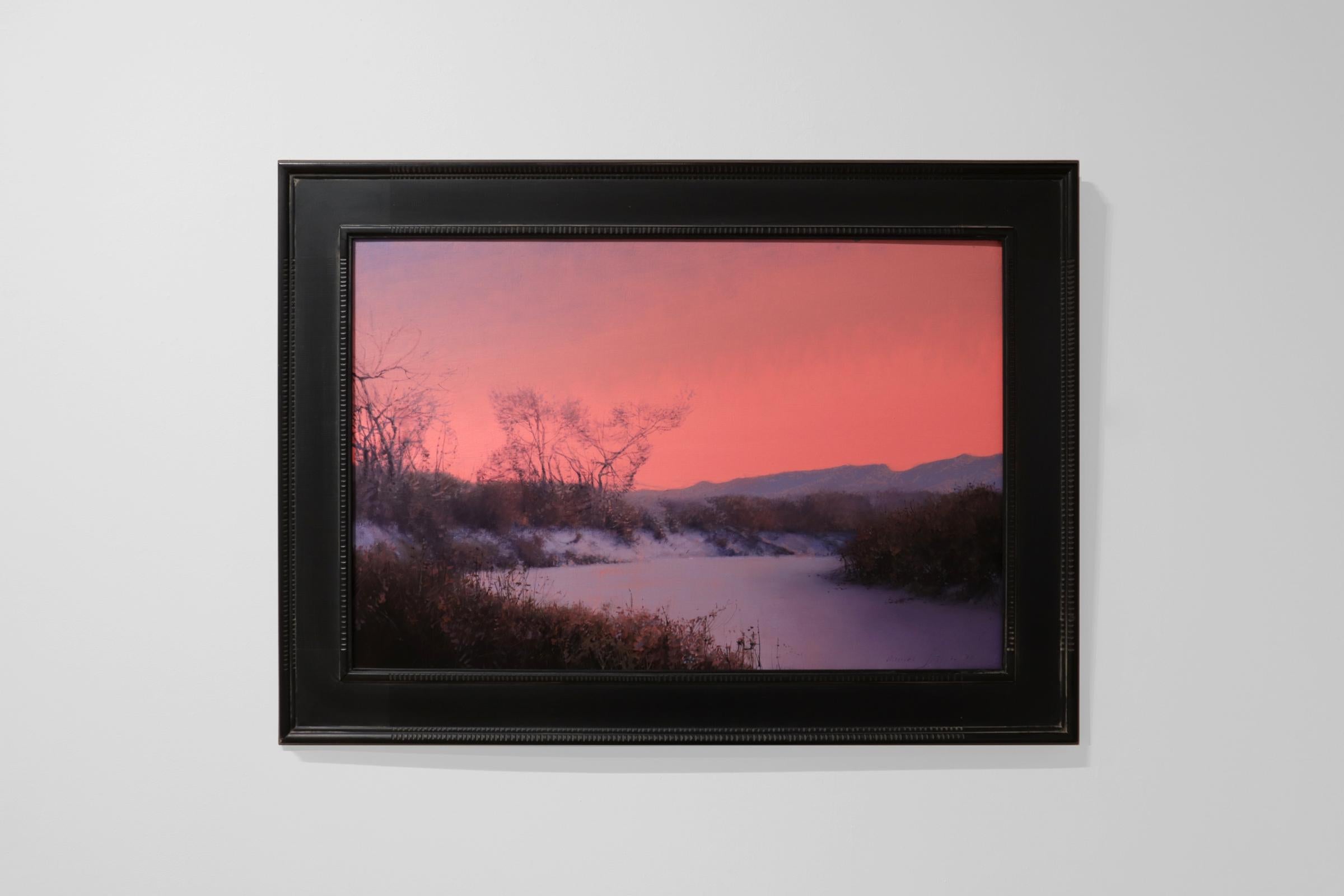 CHATFIELD, Colorado landscape, dusk, red sky, realism, snow scene - Painting by Daniel Sprick