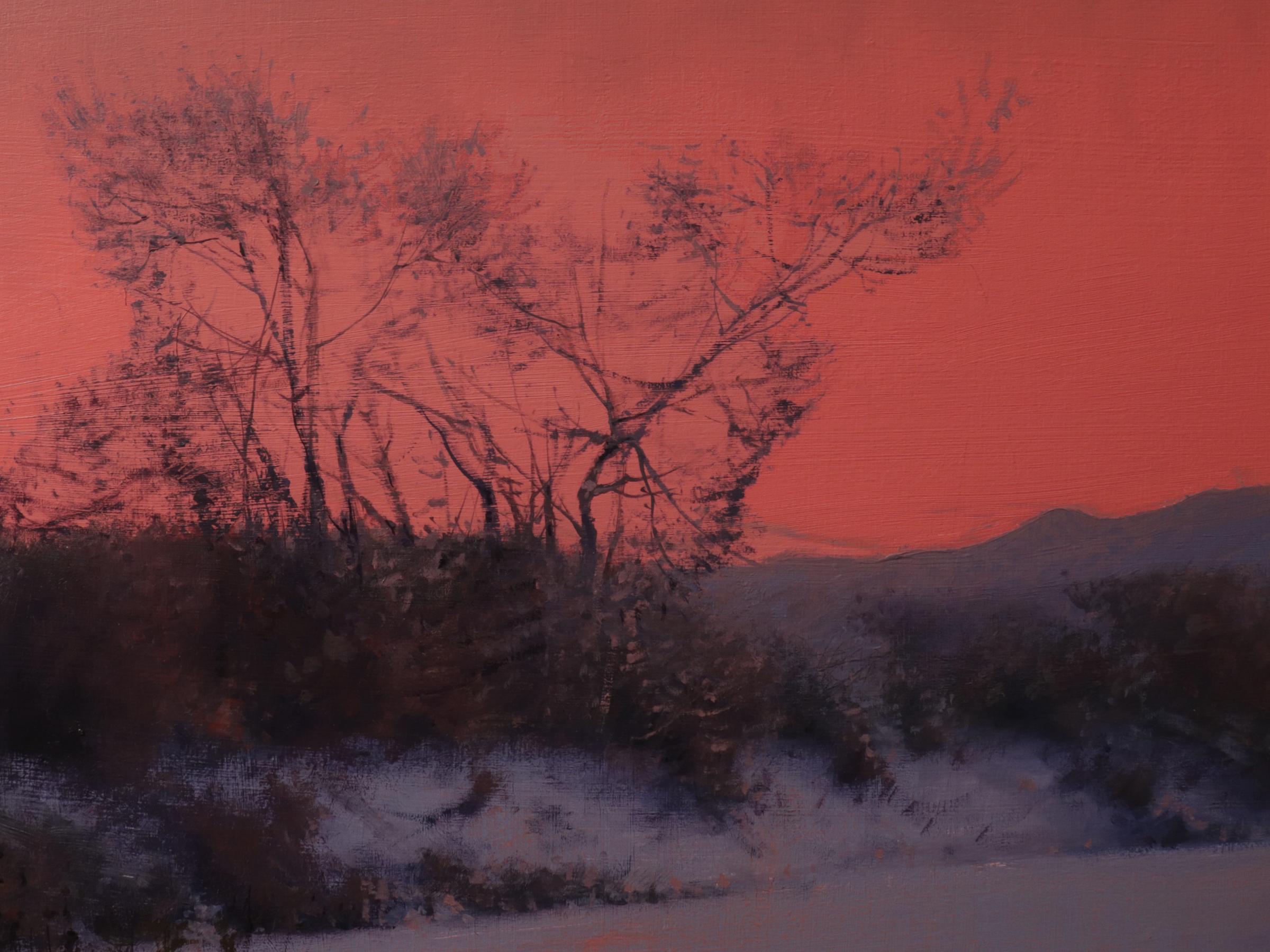CHATFIELD, Colorado landscape, dusk, red sky, realism, snow scene - Red Landscape Painting by Daniel Sprick